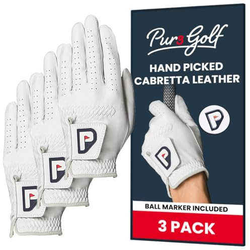 PUR3 Cabretta Leather Golf Gloves Men Left Hand and Right Hand | with Putting Aim Ball Marker | Real Genuine Ultra Soft Cabretta Leather Golf Glove | Multi-Pack