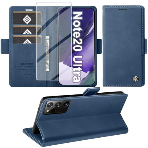 Giyer Handhülle für Samsung Galaxy Note 20 Ultra 5G, Schutzhülle mit Displayschutzfolie, PU Leder Wallet Flip Case Standfunktion, Kartenfach, Klapphülle, Blau