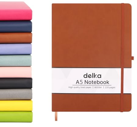 delka A5-Notizbuch – linierter Notizblock, Tagebuch, weicher Einband, Schreibblock für Büro, Schule, Uni, Zuhause und Geschäft, ideal für Notizen, Tagesplanung, Journaling & Studium, Dunkelbraun, 1