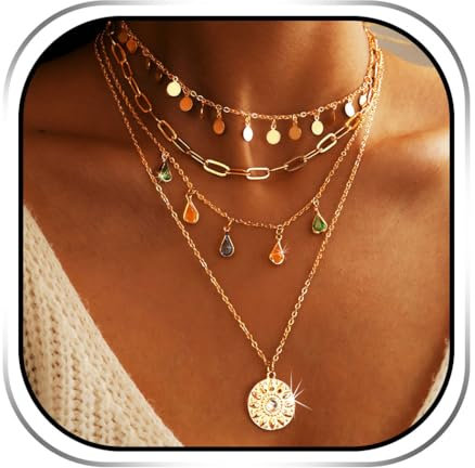 Handcess Boho Layered Necklace Gold Sequins Choker Necklaces Rhinestone Pendant Necklace Chain for Women
