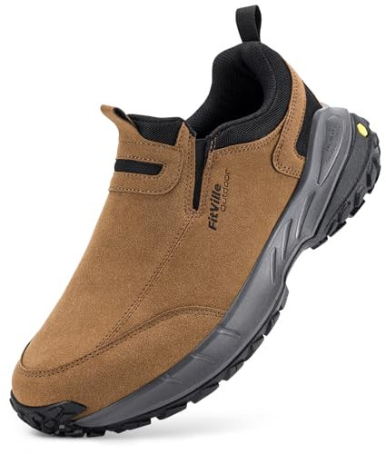 FitVille Men's Extra Wide Hiking Shoes,Slip On Trainers Outdoor Trekking Walking Shoes for Swollen Feet Khaki Tan 9.5 UK X-Wide