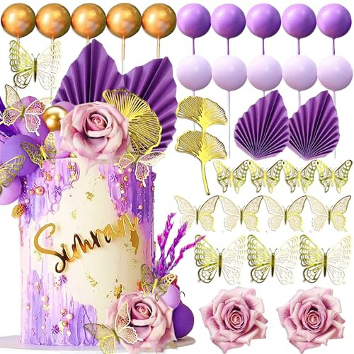 Purple Cake Decoration Gold Balls Cake Decoration Purple Palm Leaves Cake Topper Flowers for Wedding Birthday Baby Shower Anniversary