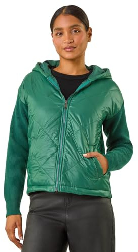 Roman Originals Diamond Quilted Hooded Mix Jacket for Women UK - Ladies Everyday Autumn Winter Collarless Neckline Comfy Soft Evening Vacation Work Party Night Out - Green - Size 12
