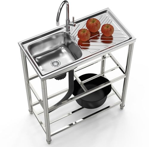 Freistehende Edelstahl Spültisch Gastro 1 Becken, | |Gewerbliche Spülbecken mit Wasserhahn,Ablassvorrichtung, für Bepflanzung von Blumenkästen und Töpfen, Gartengeräte-Reinigung (100×50×82 cm)