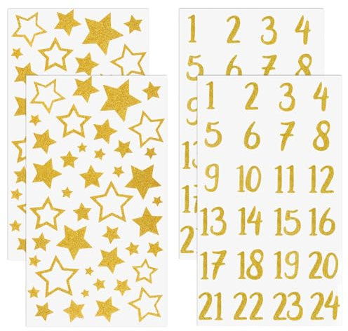 RYMAUP 4 Bogen Adventskalender Aufkleber Glitzer Zahlen 1-24 Sterne Aufkleber für Weihnachtskalender zum Basteln Selbstklebende Deko Etiketten Weihnachtskalender