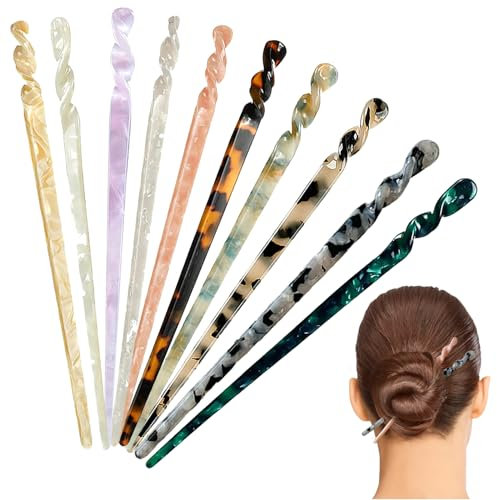 10PCS Acetate Hair Sticks, Vintage Hair Chopsticks Tortoise Shell Hairpin Leopard Print Hair Pins Long Chinese Hair Sticks Hair Styling Accessories for Women Girls Bun Chignons and Everyday Updos