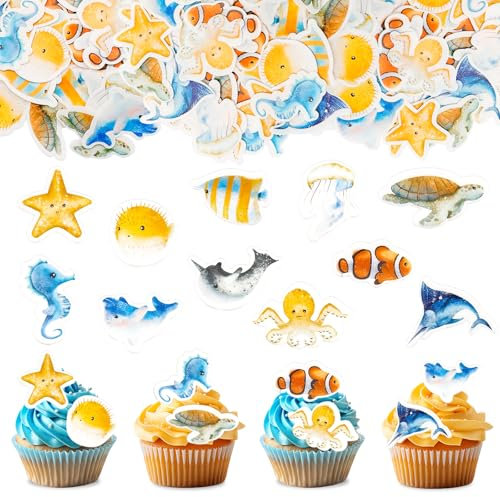 GoldRock Essbare Tortendeko Meerestiere,48 Stk Unterwasserwelt Cake Topper Meerestiere Deko Torte,Schildkröte,Fische,Seepferdchen Deko Kuchen,Esspapier Tortendeko Meer, Ozean Themen Muffin Deko Essbar