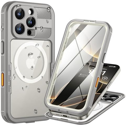 Lanhiem für iPhone 16 Pro Hülle Wasserdicht,Handyhülle für iPhone 16 Pro IP68 Wasserfest Schutzhülle mit Magsafe,360 Outdoor Case Stoßfest Staubdicht Panzerhülle mit Displayschutz,Titan Natur