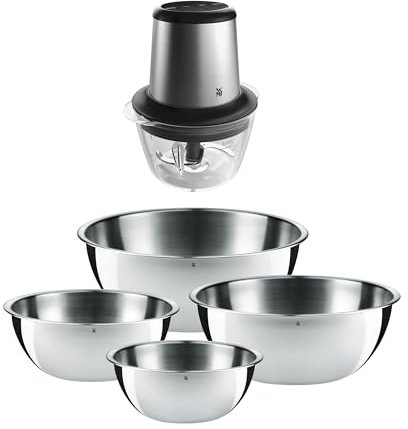 WMF Set 2-teilig Gourmet Schüsselset 4-teilig, Edelstahl Schüsseln für die Küche 0,75l - 2,75l, stapelbar und Kult X Edition Zerkleinerer elektrisch mit Glasbehälter, Blitzhacker 320 W