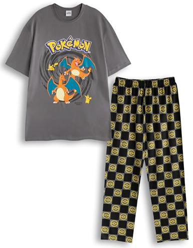Pokémon Charizard & Pikachu Graues Grafik-T-Shirt für Herren | Kurzärmliges Oberteil mit Rundhalsausschnitt | Nachtwäsche mit Cartoon- und geometrischem Aufdruck Logo-T-Shirt