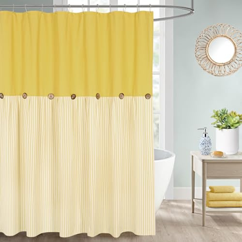 DOSLY IDÉES Farmhaus - Tenda da doccia, a righe gialle e gialle, in lino e cotone, tessuto intrecciato, stile rustico, 180 x 180 cm