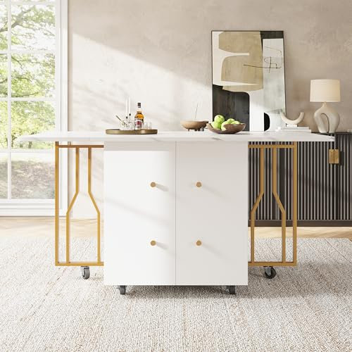 Tragbarer Esstisch, klappbare Tischplatte, Esszimmer, Wohnzimmer, Verstellbare Trennwände, Große Ablagefächer, 6 Rollen (2 feststellbar), Metall Tischbeine (Weiß + Gold)