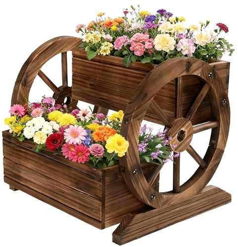 2 Tier Classic Wooden Wagon Planter Box|Outdoor Planter/Flower Pot for Indoor&Outdoor Plants-Rustic Garden Planter for Patio,Porch&Garden Decor- Raised Garden Bed for Succulents,Herbs,Vegetables