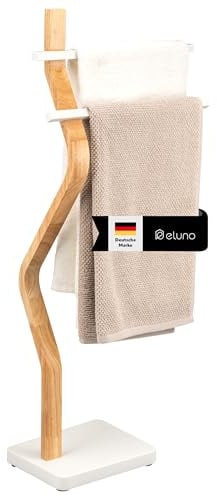 eluno Stand-Handtuchhalter freistehend, 2 Stangen für Handtücher, moderner Handtuchständer aus FSC-zertifiziertem Holz und Metall (Weiß)