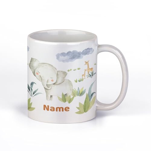 Tasse Einschulung personalisiert mit Namen, Kinder, Aquarell Safari-Tiere | Becher mit Wunschname zum Schulstart – Geschenk für Schulkinder zur ersten Klasse, mit Löwe, Zebra und Giraffe