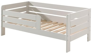 FURNLUX Kinderbett, Weiß, 76x144x56 cm, 23 kg, Massivholz Kiefer, Montage erforderlich, Rechteckig, Mit Montageanleitung, Mit Sicherheitsgitter