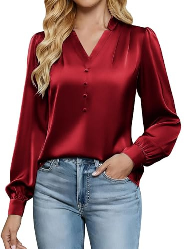 Satin Tops for Women UK - Ladies Satin Silk Blouse Elegant Going Out V Neck Long Sleeve T-Shirt Pleated Banded Collar Shirts Business Casual Work Office Tunic Pullover Blouses