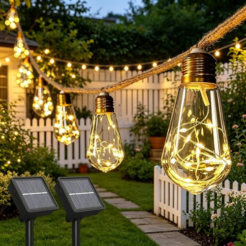 Soiarllt 2 Stück Solar Lichterkette Aussen mit 10 Glühbirnen,11.2M Solarlichterketten mit Hanfseil, Solar Lichterkette Außen Wetterfest mit 8 Modi Deko für Garten Party Balkon Hochzeit (3000, Kelvin)