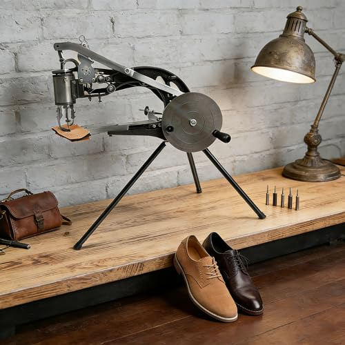 Manuelle Leder-Nähmaschine für Schuhreparatur 360° Einstellbare Handnähmaschine Schuster Nähmaschine, Handkurbel 3-Lager für dicke Materialien, 45,5 × 26,5 cm, mit dreibeinigem Standfuß