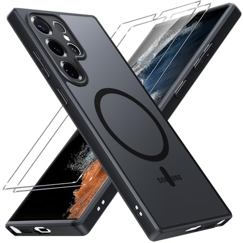 Pnakqil Funda Magnética para Samsung Galaxy S22 Ultra con 2 Piezas Cristal Templado, Compatible con MagSafe Carcasa Translúcida Mate Trasera Fina Antigolpes para Samsung Galaxy S22 Ultra, Negro