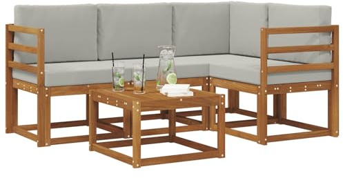 vidaXL Outdoor-Sofagarnitur mit Kissen 5 pcs Natürlich und Hellgrau, Garten-Sofa-Set, Moderne Outdoormöbel, langlebige Lounge für die Terrasse, Bequeme Sitzgruppe