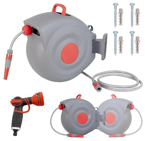 Gardena Wand-Schlauchbox RollUp 30 m – 180° Schwenkbare Schlauchtrommel, Flexible Bewässerung für Große Gärten, inkl. Wandhalterung, 30 m Gartenschlauch und Ergonomischer Spritze (Orange-grau)