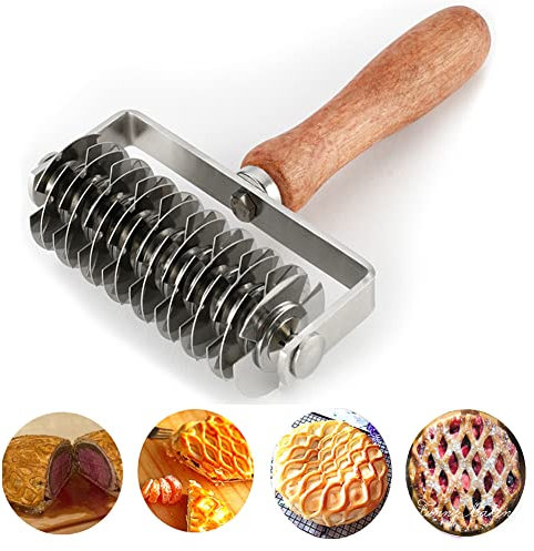 AMPSEVEN Stainless Steel Dough Lattice Top Cookie Pie Pizza Bread Pastry Crust Roller Cutter,Wood Handle