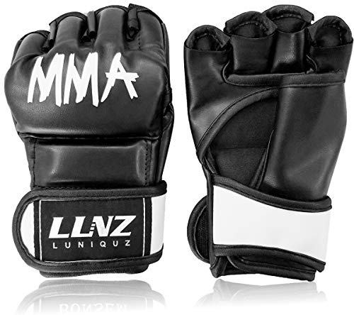 Luniquz MMA Gloves for Kids Punching Bag Boxing Sparring Grappling, Half Finger with Thick Padding Long Wrist Wrap, Black Small