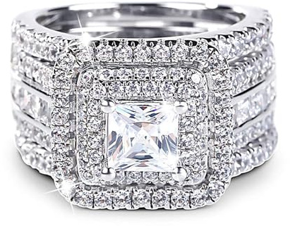 Jeulia Damen Ringe Set Sterling Silber Drei Halo Prinzess-Schliff Diamant Ringe Set Schmuck für Braut Hochzeit Band Verlobungsring (50 (15.7))