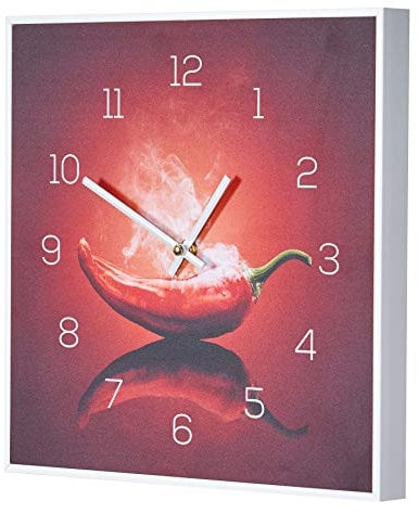 levandeo Wanduhr 30x30cm Uhr PVC Rahmen Weiß Küche Chili Peperoni Wandbild Wanddeko Deko Küchenuhr