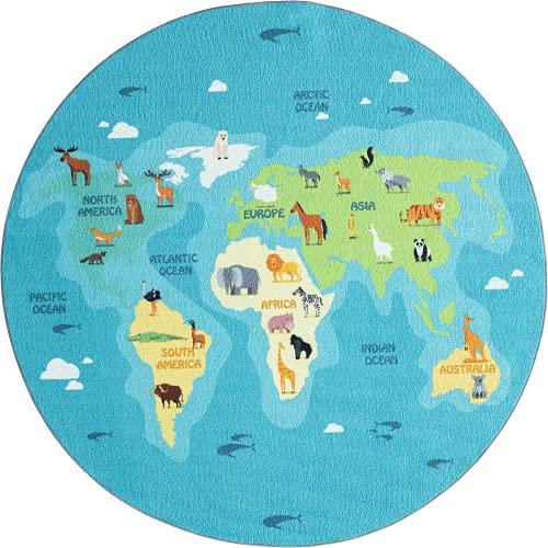 the carpet Happy Life Kinderzimmer, Kinderteppich, Spielteppich, Waschbar, Weltkarte, Erde, Tiere, Rund, Blau, 160 cm Rund