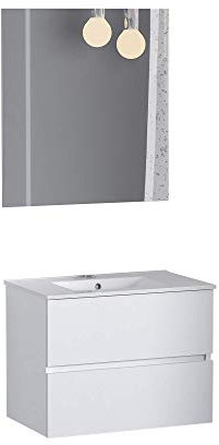 Baikal, Conjunto de baño Natura. Mueble de Baño de Fondo Reducido, con Lavabo cerámico. Distribución Dos Cajones. Mueble MONTADO. Dos Cajones con Espejo. Fondo 36cm 60 cm Blanco