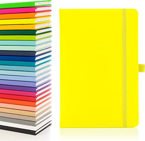 Notes London Eco A5 Notizbuch mit linierten Seiten, Stiftschlaufe, Band, Datumsmarkierungen und Papiertasche, mittleres gebundenes Tagebuch, fluoreszierendes, nachhaltig angebautes Papier (Neongelb)