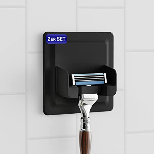 LOBUX® - 2X Rasierhalter Dusche selbstklebend, superfester Halt [Soft-Touch Silikon] – Rasierer Halterung Dusche, wasserdicht – Ordnungssystem für Badezimmer, Spiegel, Dusche, Wand (schwarz)