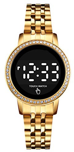 findtime Damenuhr Gold Uhr Damen Rund Klassisch Digital Quarz Uhren Edelstahl Mädchen Armbanduhren für Damenuhren LED Hintergrundbeleuchted Wasserdicht