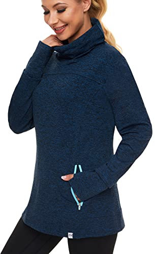 Soneven Rollkragen Pullover Damen Funktionsshirt Damen Langarm Laufshirt Fleece Thermo Sweatshirts mit Tasche Wandershirt Atmungsaktive Running Sportoberteile Hochkragen Blau M