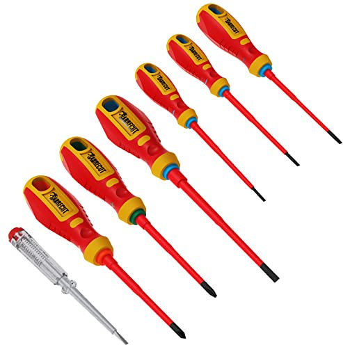 SabreCut SCVDE07A Juego de destornilladores para electricistas y VDE totalmente aislados con mango ergonómico suave resistente con ranuras SL3.0 SL3.5 SL4.0 SL5.5 Phillips PH2 Pozidriv PZ2 y probador