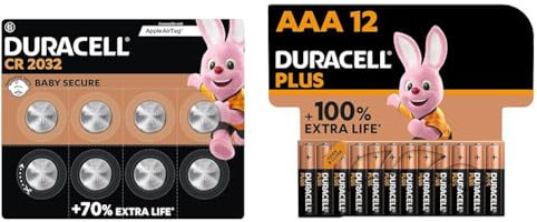 Batterie a moneta al litio da 3 V Duracell CR2032 (confezione da 8) & Batterie Plus AAA (pacco da 12) - Alcalina 1.5V - Fino al 100% di extra durata
