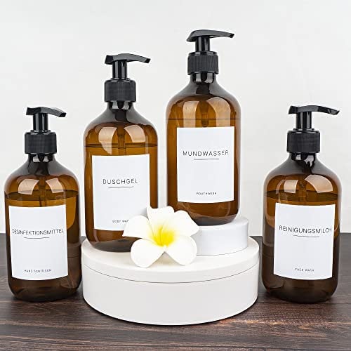 Ezebesta 4 Stück 500ml Seifenspender mit 22 Etiketten Lotionspender aus PET Plastik Leer Flasche mit Schwarz Lotion Pumpe