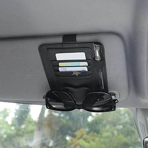 TIESOME Auto-Visier-Organizer, Universal Auto Brillenhalter Clip mit Aufbewahrungsfächern Leder Auto Sonnenbrillenhalter Auto Visier für die Speicherung Sonnenbrille Karte Stift Rechnung (Schwarz)