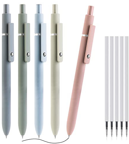 Cobee Aesthetic Kugelschreiber, 0,5 mm 5 Stück mit Nachfüllung einziehbare Gel Tintenstifte, niedlicher Kugelschreiber, schwarze Tinte, glatte Schreibstifte, Pastell Roller Kugelschreiber für Schule