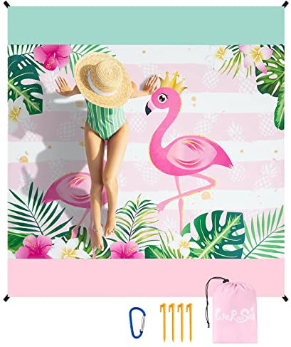 WERNNSAI XXL Stranddecke 200×210 cm – Pink Flamingo Design – Ultraleicht, Wasserabweisend, Sandfrei – inkl. Tasche, Heringe & Karabiner