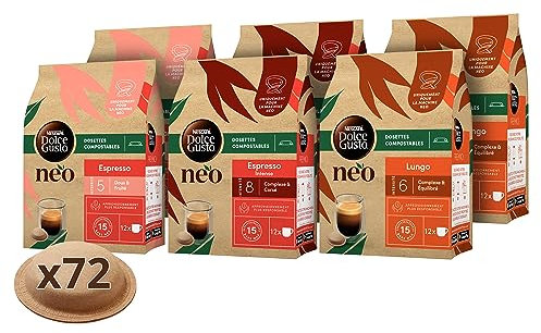 Nescafé Dolce Gusto NEO Multi Variété Espresso, Lungo, Espresso Intenso - 72 dosettes de café compostables à base de papier (6 boîtes de 12 dosettes)