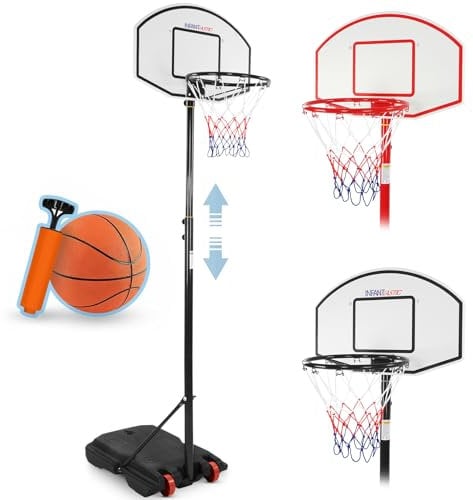 Infantastic® Panier de Basket - Extérieur/Intérieur, Hauteur Réglable 148-200 cm, Portable, avec Ballon et Pompe à l'Air, Rouge ou Noir - Panneau de Basket sur Pied, pour Enfant (Noir)