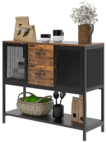 sogesfurniture Aparador, Estilo Vintage, Decoración Minimalista para el hogar, con Dos cajones, estantes Dobles, Cubierta Protectora de Malla, para Cocina, Entrada, Salón, 100 x 35 x 84,5 cm