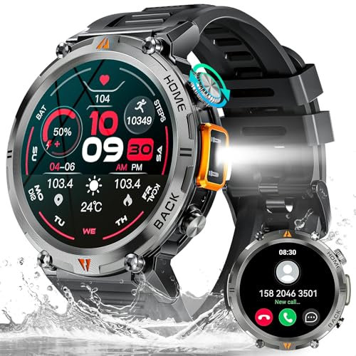 Reloj Inteligente Hombre con Linterna LED 3ATM Impermeable 1,45'' HD Smartwatch Llamadas Bluetooth 113 Modos Deportes Podómetro Pulsómetro Sueño Pulsera Actividad Inteligente para iOS Android Samsung