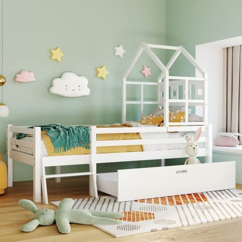 Hausbett Spielbett Kinder Bett, Vielseitiges Kiefernrahmen Kinderbett mit Leiter und Schubladen, Hochbett Massivholz mit Rausfallschutz 90x200cm Weiß