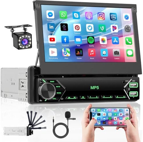 Hikity Autoradio 1 Din avec Extensible Écran Tactile 7 Pouces Poste Radio Bletooth 1 Din Écran Rétractable avec Bluetooth Mains Libres FM AUX TF USB SWC Mirror Link Caméra de Recul