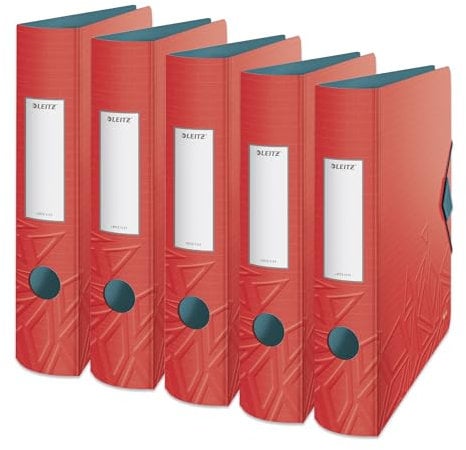 Leitz Qualitäts-Ordner 180° Active, 5er Pack, A4, Schmal, Abgerundeter Rücken, 6,5 cm breit, Gummibandverschluss, Leichtes Polyfoam, Plastik-Ordner, Urban Chic Serie, Rot, 11170020