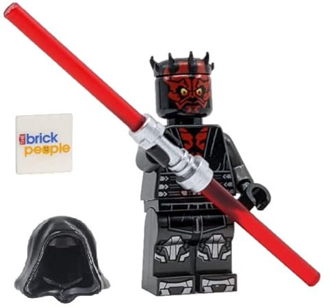LEGO Star Wars: Darth Maul Minifigur mit metallisch-silberner Rüstung, Kapuze, Umhang und doppeltem Lichtschwert